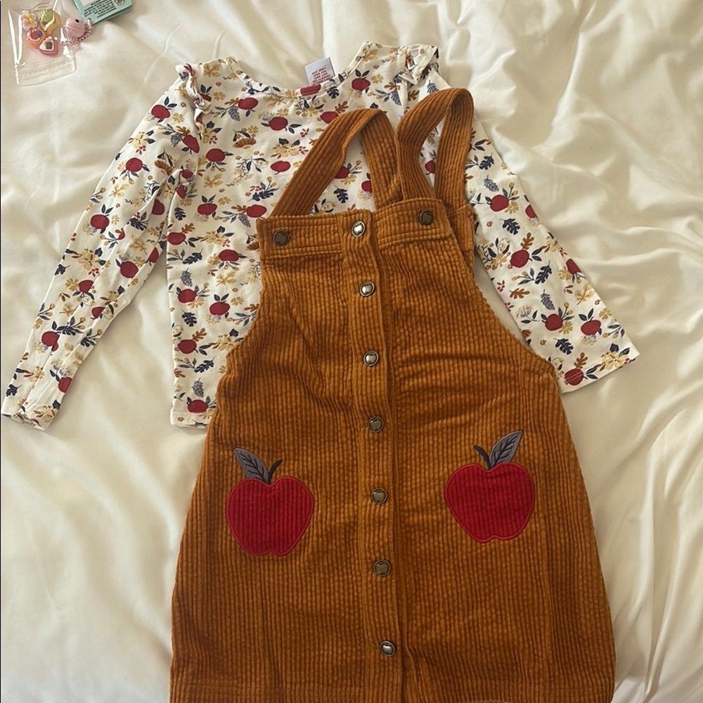 Girls' Rust Corduroy Pinafore Dress with Apple Patch